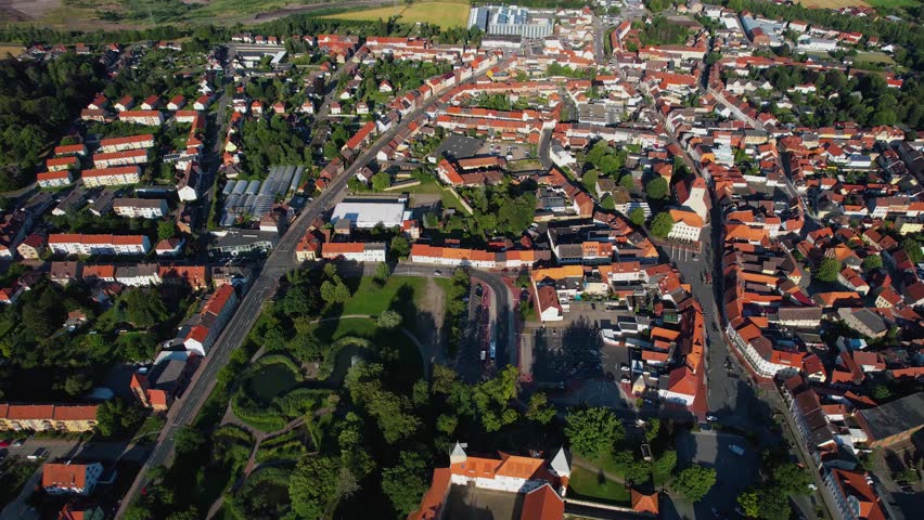 An Aerial panorama view around the old town of the city Schöningen on a late summer day in Germany.