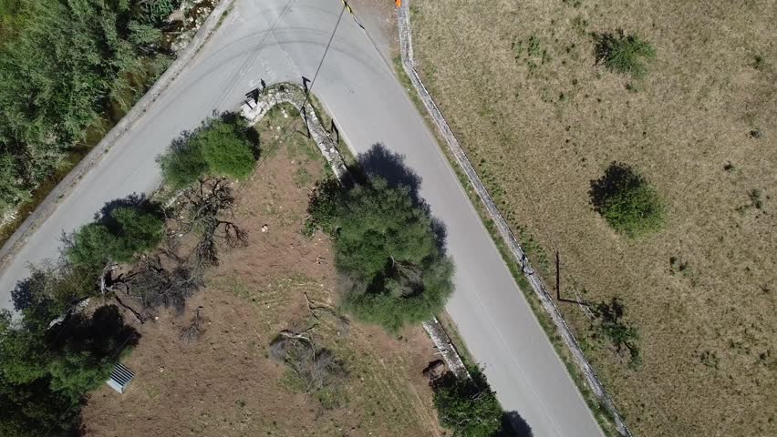 Aerial view of a large group of cyclists riding on a rural road in Mallorca during a bike race, Mediterranean landscape background.