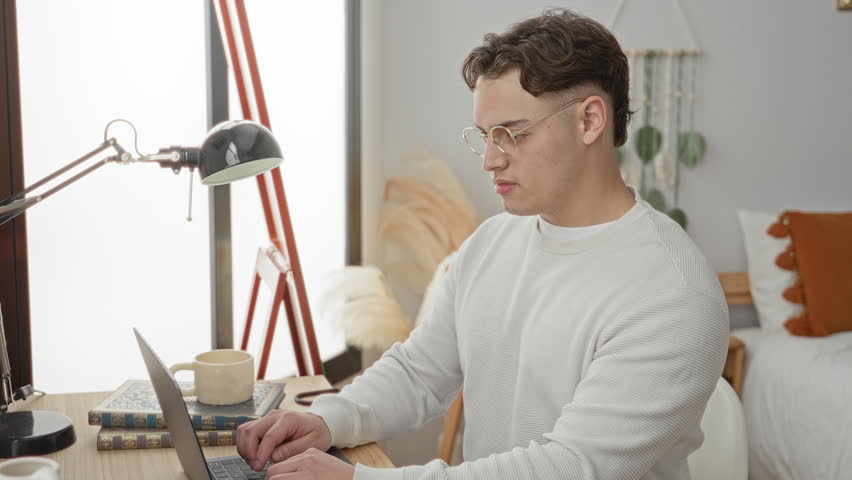 Young man typing on laptop at a wooden desk, reaching for a mug and smiling, wearing glasses in a studio with bed and lamp visible; contentment.