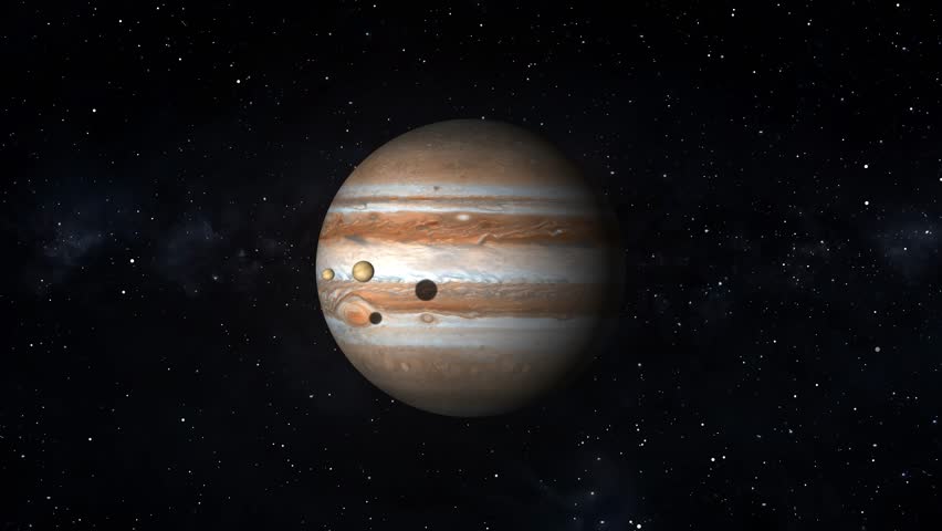 Jupiter and its Galilean Moons in Outer Space with Starry animation Background planet gas giant. Animated Jupiter planet with four Galilean moons in outer space against a starry backdrop creating