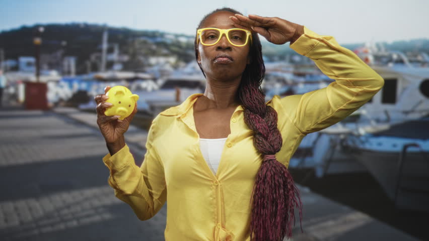 Woman in yellow shirt holding a yellow piggy bank in her right hand, arm raised on street by marina boats; financial determination.