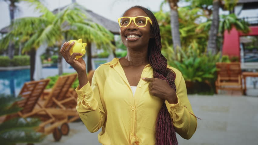 Woman holding yellow piggy bank with finger to chin while smiling by a resort building poolside with lounge chairs and palms; savings optimism.