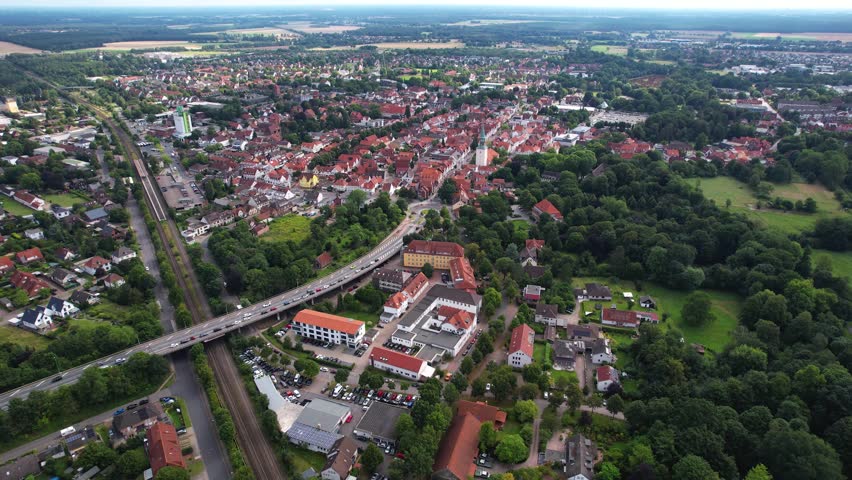 Aerial panorama view beside the old town of the city Burgdorf  in Germany on a sunny noon in summer.