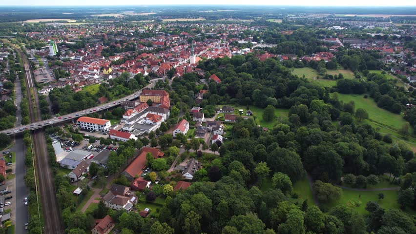 Aerial panorama view beside the old town of the city Burgdorf  in Germany on a sunny noon in summer.