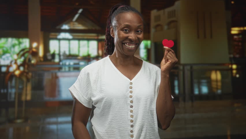 Young african american woman holds small red felt heart between fingers and smiles in a hotel lobby building; joy love.