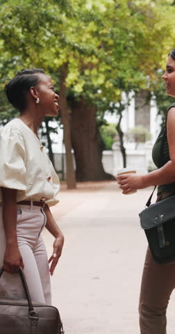 Outdoor, walking or business women with wave for greeting, daily commute or discussion on work route. Morning chat, travel and people with hello for park meeting, journey and smile for interaction
