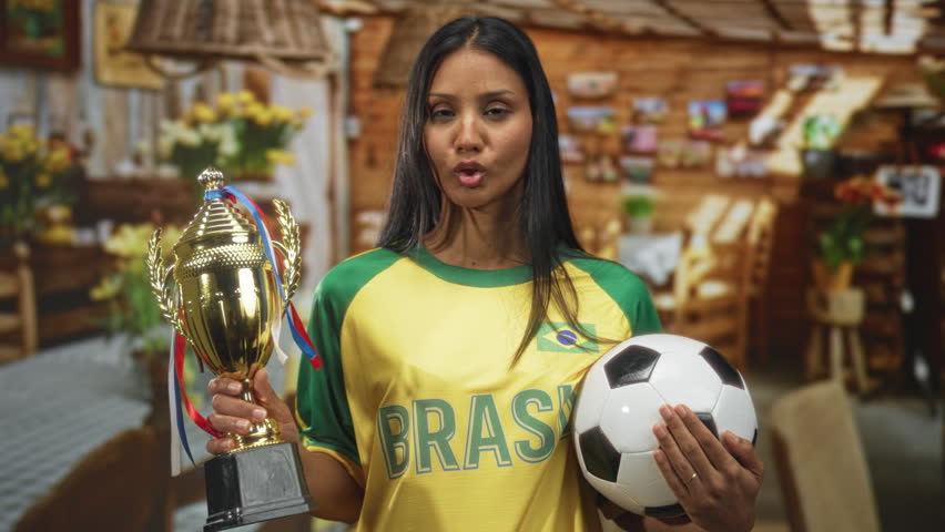 Woman wearing brazil shirt holds trophy and soccer ball while puckering lips in building; victory pride.