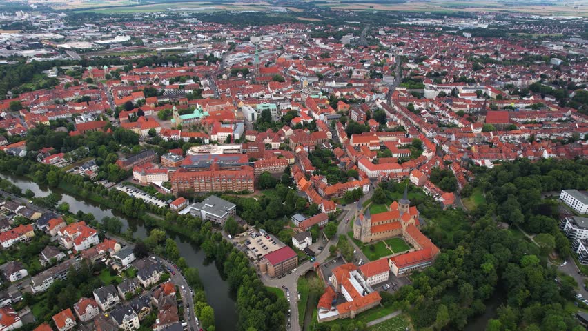 Aerial panorama view beside the downtown of the city Hildesheim
 in Germany on a sunny noon in summer.