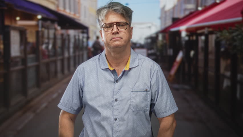 Man with grey hair and glasses points finger like gun with clasped hands wearing short sleeve shirt in a busy pedestrian street cafe; determination intent.
