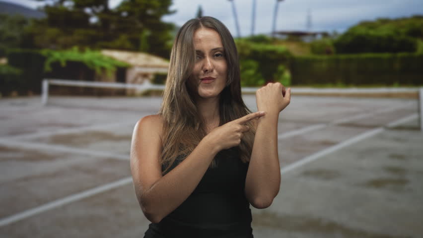 Woman points to wrist in street while smiling and wearing a black tanktop, hair down and casual pose; confidence reminder.