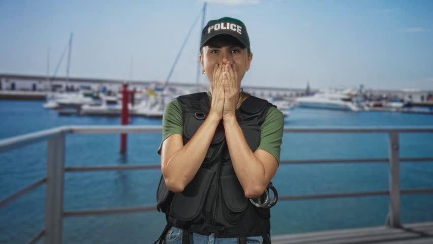 Blonde police woman wearing cap and tactical vest with handcuffs, blowing kiss with cupped hands on marina railing; surprise duty.
