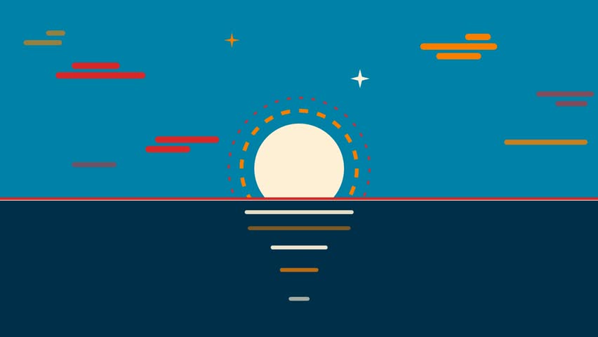 Minimalist Sunset and Ocean Waves Flat Vector Illustration