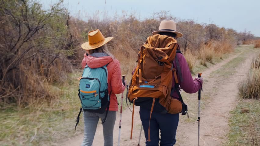two women hiking walking with backpacks near lakeside trail, exploring nature during outdoor trip, active travel lifestyle, adventure, tourism and leisure in scenic landscape by water