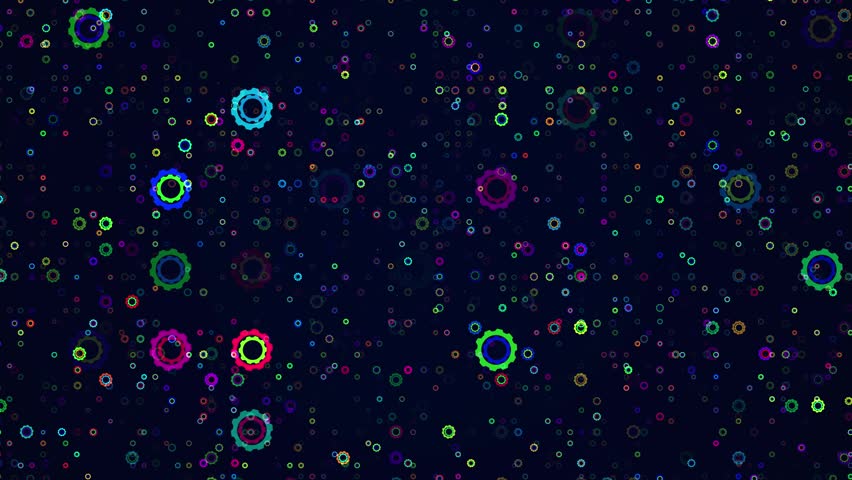 Abstract Digital Motion Graphics Background Featuring A Vast Field Of Vibrant, Multi-colored Neon Gears And Cogs Floating In A Deep Dark Space. High-tech Mechanical Visuals With Diverse Sizes Of Glowi