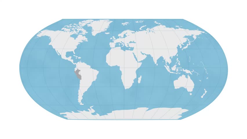 Peru location shown on a clean world map animation with clear geographic context. Ideal for presentations, travel visuals, and informational use.