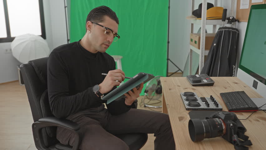 Man seated using tablet and stylus, hand holding device beside camera and lights in studio green screen; quiet concentration.