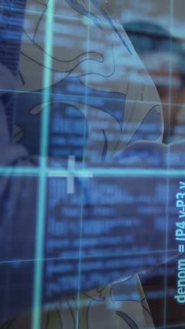 Vertical video: Woman holding still as tech code grid shifting, camera revealing heart art on shirt. Anatomical, graphic, torso, top, blue, digital, vertical video