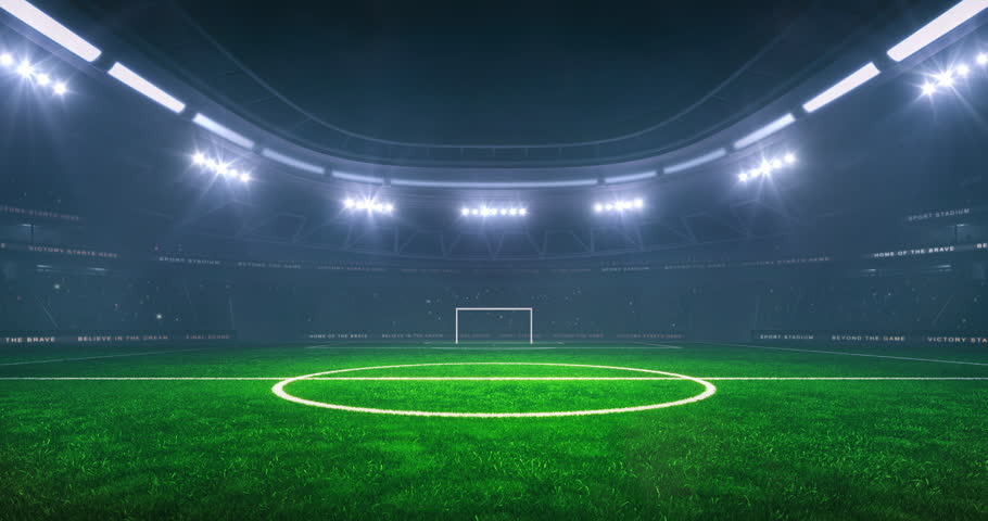 Football or soccer field at a sports stadium in foggy weather with shining floodlights and fans ready for an upcoming nighttime sports event. Loopable sports advertisement video background.