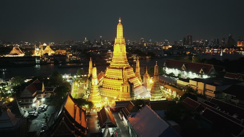 Aerial view of Wat Arun Ratchawararam in Bangkok, Thailand.