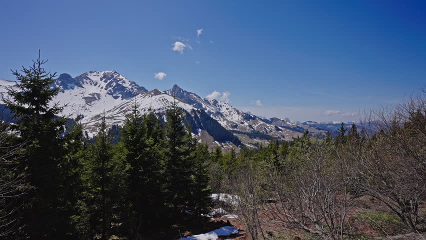 Swiss Alps mountain landscape with forest and snow peaks 4K aerial