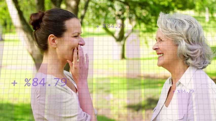Mother, daughter laughing in park, sparking data line and bar charts growing over them, bonding. Outdoors, nature, trees, grass, sunshine, joy, friendship