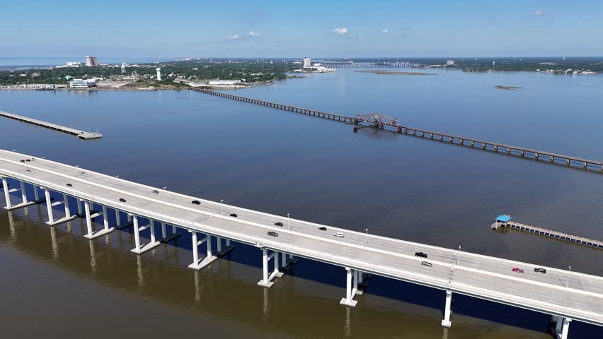Drone Shot Biloxi Bay Bridge, Mississippi.  Coastal Highway, cinematic 4K
