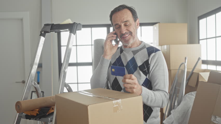 Man holds smartphone to ear and shows creditcard among packed boxes and ladder in a building; contentment.
