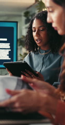 Manager, women and collaboration in meeting with tablet, explain or research idea for sustainability. People, management advice and talk in office with tech, review or plan for eco friendly business.