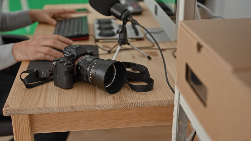 Man photographer typing on keyboard with camera on desk in studio, green screen and microphone visible; focused creative workflow.