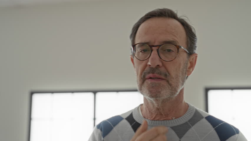 Man holding neck and coughing into fist, wearing glasses and gray argyle sweater in building with tall windows; pain recovery.