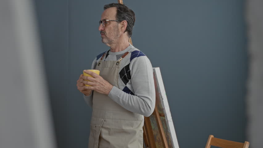 Man painter wearing apron and sweater, holding yellow cup and gesturing with hand in studio beside easel while studying canvas; quiet contemplation.