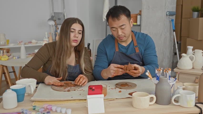 Man and woman shape and knead wet clay with clay covered hands at a worktable in a pottery studio surrounded by brushes, mugs, and shelves of ceramics; creative collaboration focus.