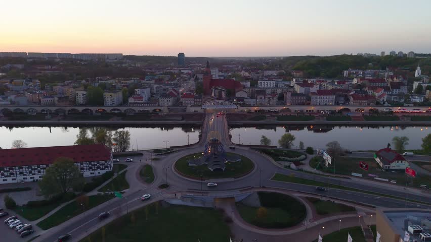Sunset flyover of old town bridge toward the city center of Gorzów Wielkopolski in Poland