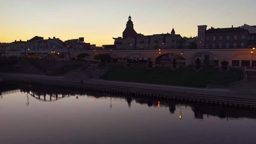 Uprise aerial view of Gorzów Wielkkopolski Cathedral at sunset. Poland