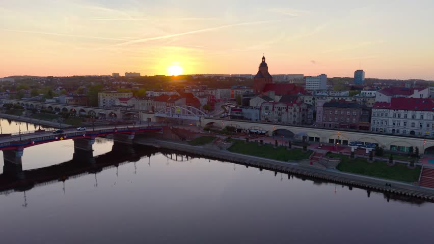 Aerial b roll view of Gorzów Wielkopolski city center with Saint Mary