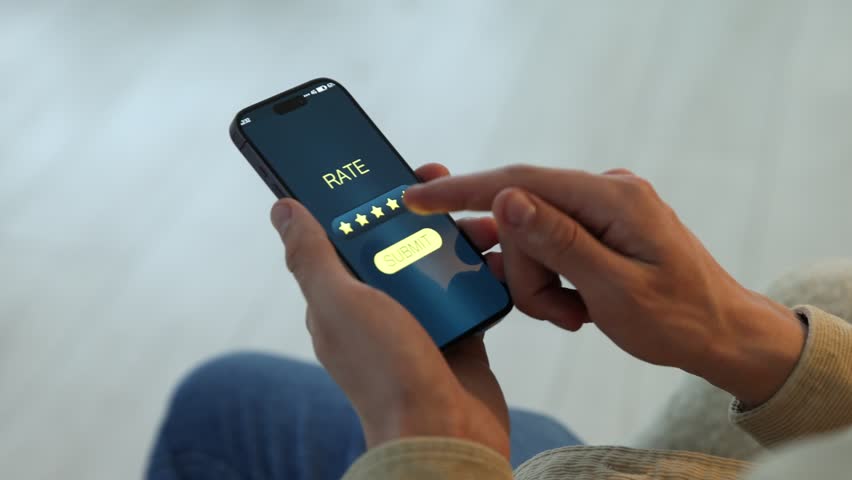 Man giving five-star rating on smartphone indoors, closeup