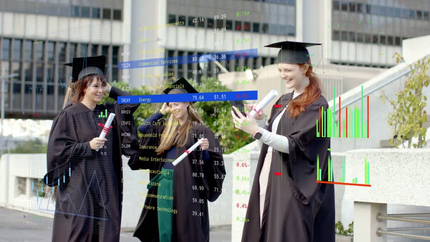 Four grads popping bottle and showing phone, celebrating grad, finance charts overlaying faces. Gowns, mortarboard, diplomas, terrace, campus, graphs, celebration