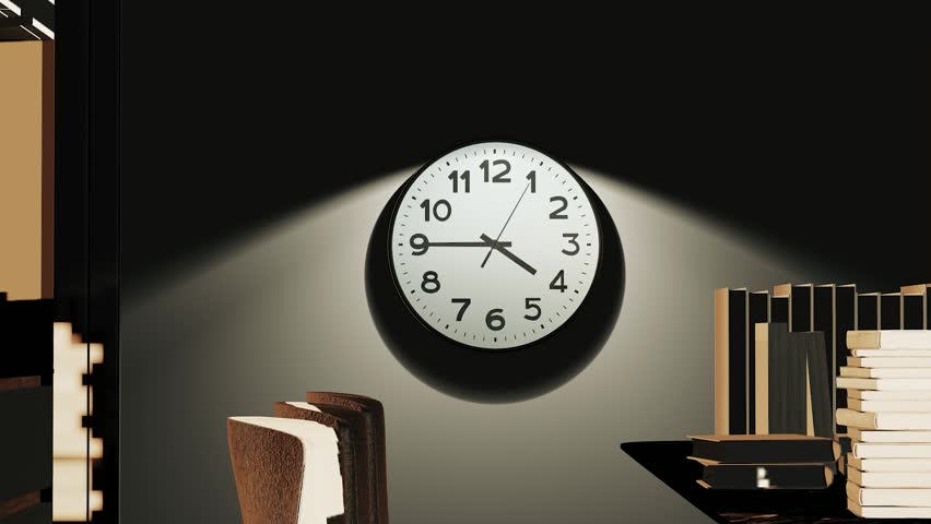 The clock on the study wall at night