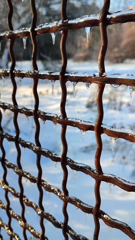 A metal old rusty fence covered in ice on a sunny winter day. Small frozen icicles hang from the metal wire of a fence. Vertical