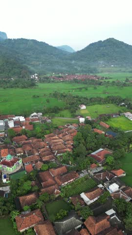 Aerial view of a village with traditional rooftops surrounded by lush greenery and hills.