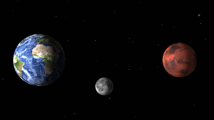 Earth Moon and Mars planets in deep space. Planets Earth Moon and Mars float among stars. Realistic Earth Moon and Mars planets for astronomy and science education.