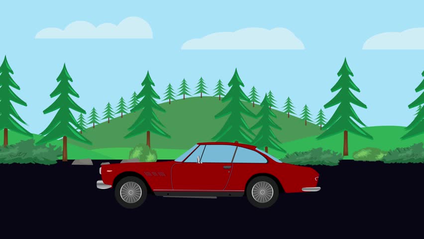 Retro car animation going up to the hill, nature trees background