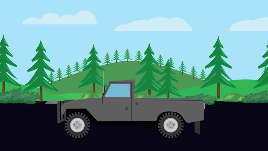 Retro car animation going up to the hill, nature trees background