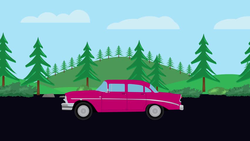 Retro car animation going up to the hill, nature trees background