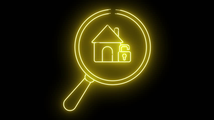 A neonyellow magnifying glass encloses a house icon paired with an unlocked padlock on a black background