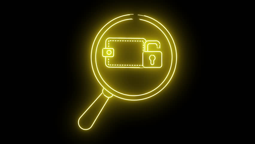 A yellow neon wallet padlock and magnifying glass on a black background