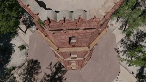 Aerial Descent Along Facade of Old Fire Tower in Zaraysk