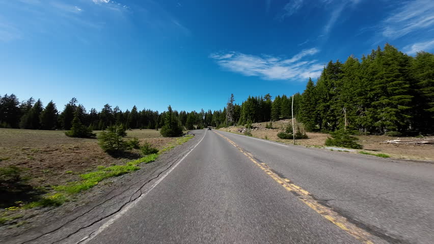 Crater Lake National Park South Section Rim Drive Rim Village to San Notch 01 Rear View Driving Plates Oregon USA Ultra Wide
