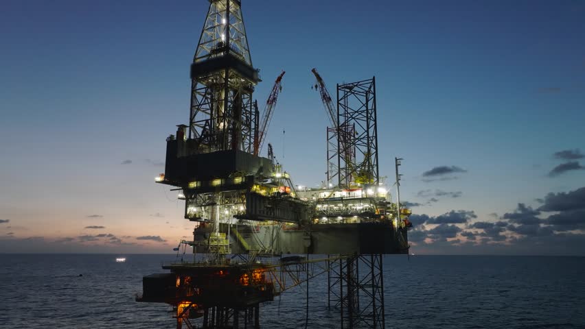 Aerial top view of offshore jack up rig and offshore platform during sunset for oil and gas exploration and production. 
