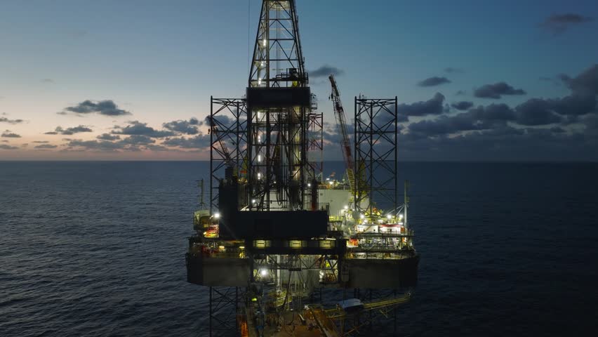 Aerial top view of offshore jack up rig and offshore platform during sunset for oil and gas exploration and production. 
